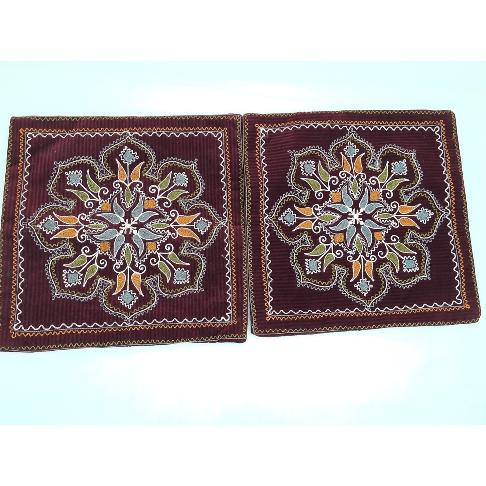 Set Of 2 Boho Red Velvet Pillow Covers Floral Gold Scroll Afghani 14"x14"